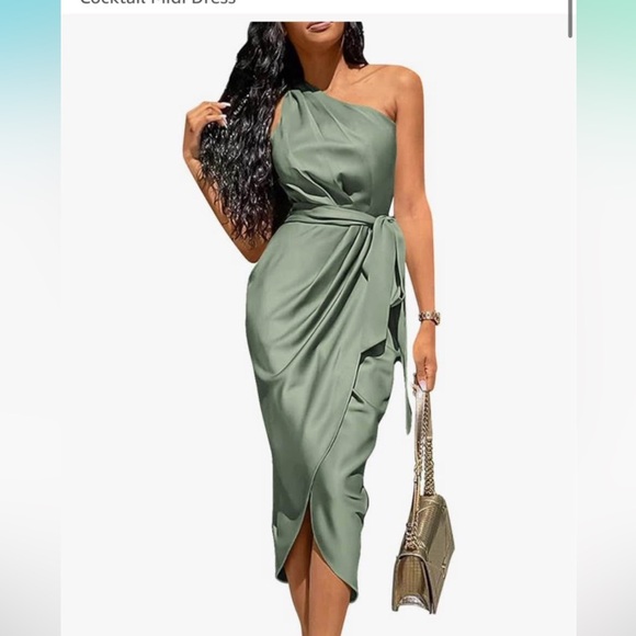 Dresses & Skirts - Satin Cocktail midi dress, one shoulder -wedding guest Summer